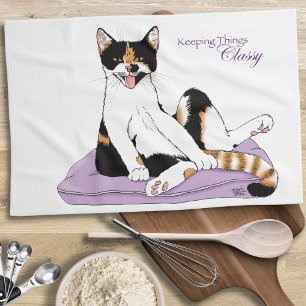 Classy Funny Calico Cat Purple Kitchen Towel