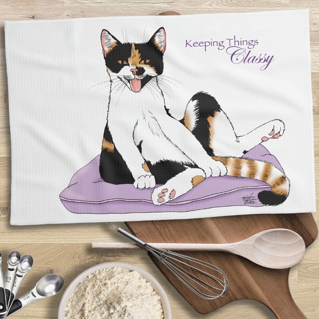 Classy Funny Calico Cat Purple Kitchen Towel (Creator Uploaded)