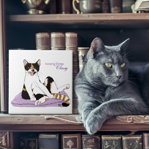Classy Funny Calico Cat Purple Tile