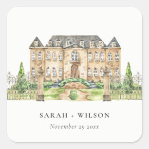 Classy Garden Chateau Manor Watercolor Wedding Square Sticker