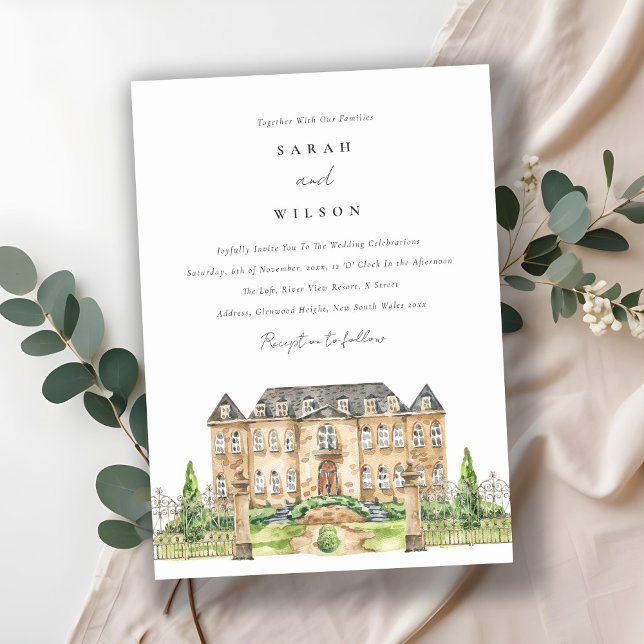Classy Garden Chateau Watercolor Wedding Invite (Creator Uploaded)