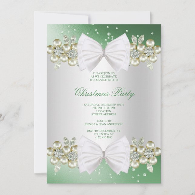 Classy Gems & Bow Green Christmas Invitation (Front)