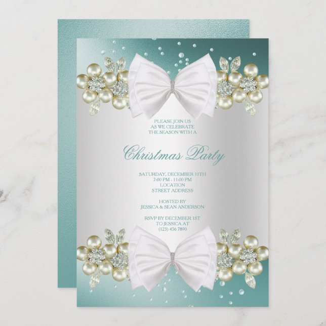 Classy Gems & Bow Teal Christmas Invitation (Front/Back)