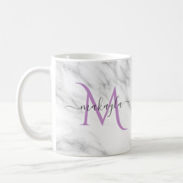 Classy Girly Marble Script Name Monogram Coffee Mug (Left)