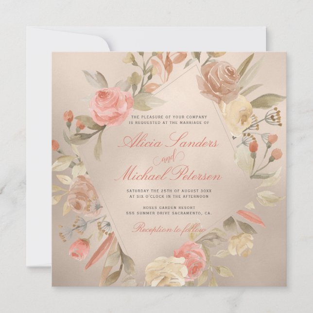 Classy Glam Peach Cream Coral Gold Roses Wedding Invitation (Front)