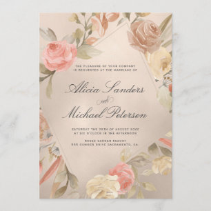 Classy Glam Peachy Gold Hand Painted Roses Wedding Invitation