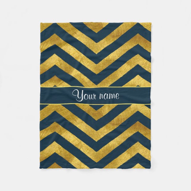 Classy Gold and Navy Blue Chevrons Fleece Blanket (Front)