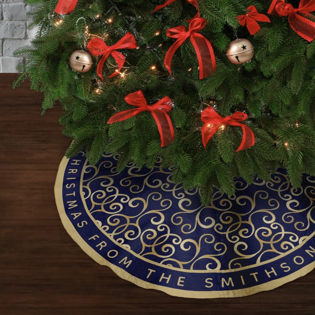 CLASSY GOLD AND NAVY BLUE CHRISTMAS DAMASK CUSTOM BRUSHED POLYESTER TREE SKIRT (Creator Uploaded)