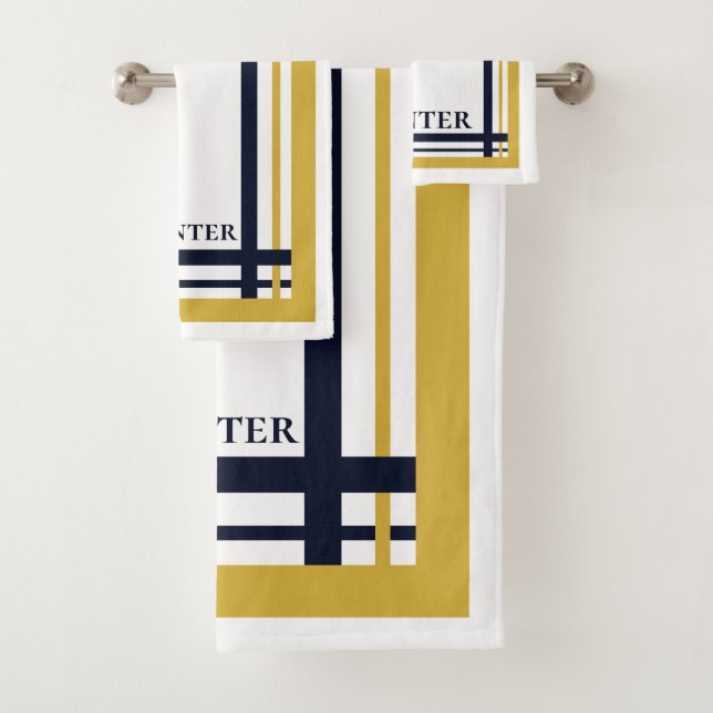 Classy Gold and Navy Striped Monogrammed Bath Towel Set (Insitu)