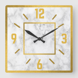 Classy Gold And White Faux Marble    Square Wall Clock