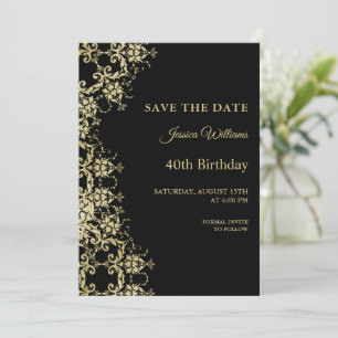 Classy Gold & Black Damask 40th Birthday Save The Date