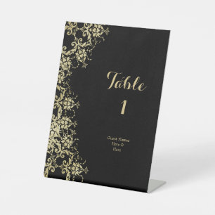 Classy Gold & Black Damask Birthday Table Number Pedestal Sign