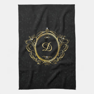 Classy gold black monogram damask design kitchen towel