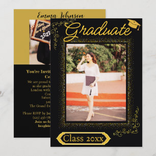 Classy Gold & Black Vertical Photo Graduation  Invitation