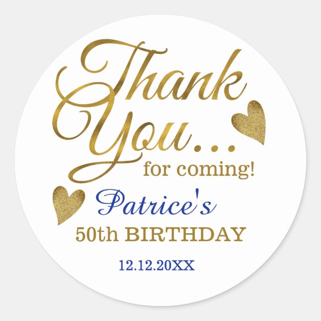 Classy Gold Blue 50th Birthday Thank You   Classic Round Sticker (Front)