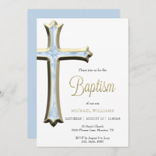 Classy Gold & Blue Cross Baptism Invitation
