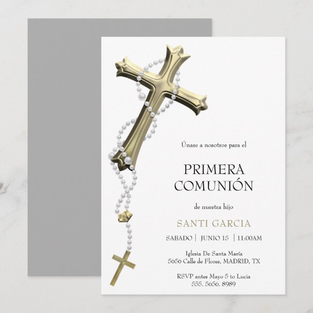 Classy Gold & Blue Cross Comunión Invitation (Front/Back)