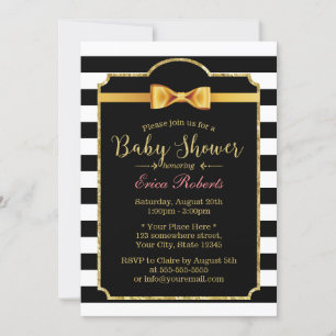 Classy Gold Bow Tie Modern Stripes Baby Shower Invitation