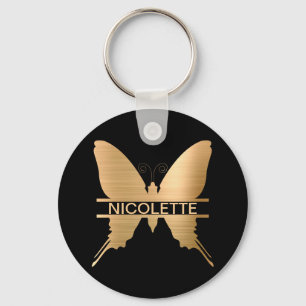 Classy Gold Butterfly Add Name Monogram Custom Keychain