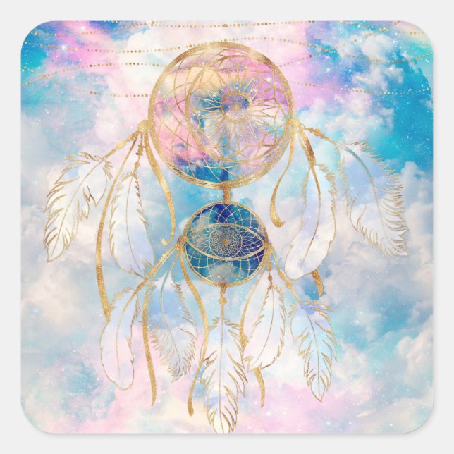 Classy Gold dreamcatcher Rainbow Clouds Sky design Square Sticker (Front)