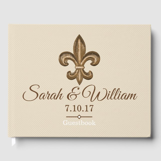 Classy Gold Fleur de Lis & Taupe | Personalized Guest Book (Front)