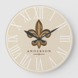Classy Gold Fleur de Lis & Taupe Personalized Large Clock