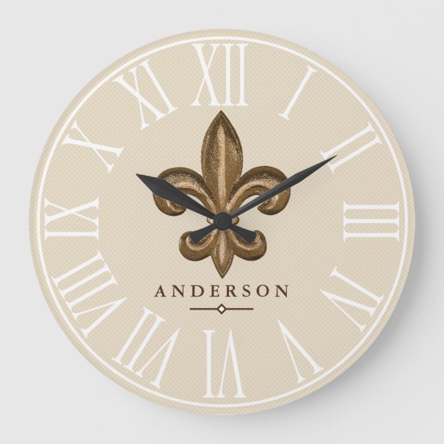 Classy Gold Fleur de Lis & Taupe | Personalized Large Clock (Front)