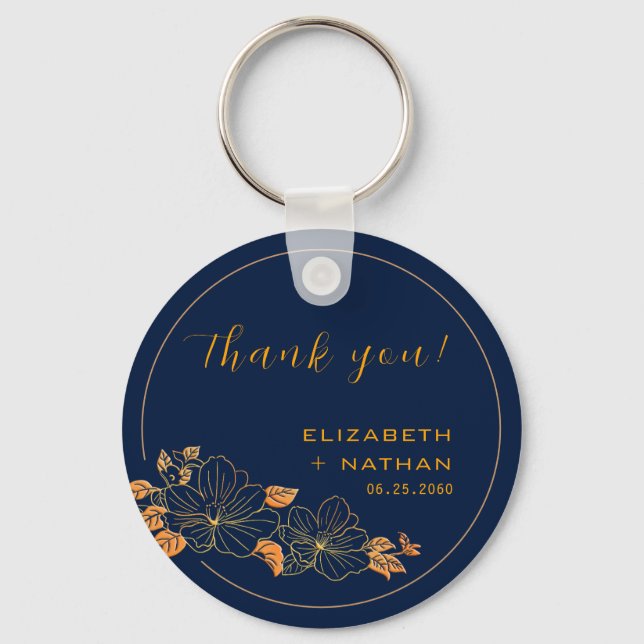 Classy Gold Floral Navy Blue Wedding Thank You Keychain (Front)