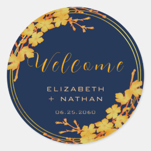 Classy Gold Floral Navy Blue Wedding Welcome Classic Round Sticker