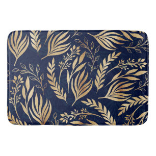 Classy Gold Foliage Botanical Blue Design Bath Mat
