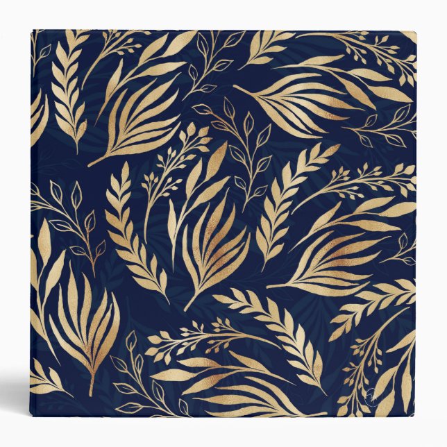 Classy Gold Foliage Botanical Blue Design Binder (Front)