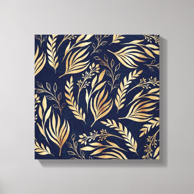 Classy Gold Foliage Botanical Blue Design Canvas Print (Front)