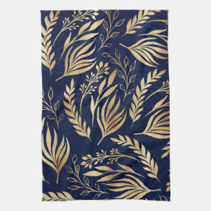 Classy Gold Foliage Botanical Blue Design Kitchen Towel