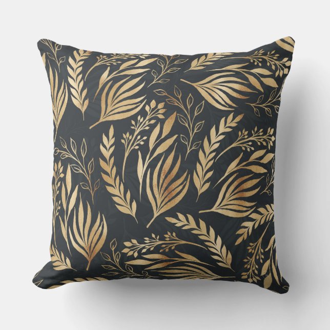 Classy Gold Foliage Botanical Grey Design Throw Pillow (Front)