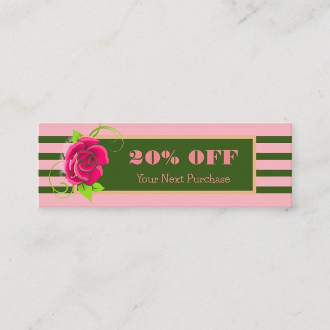 Classy Gold Frame Pink Rose Stripes Discount  Mini Business Card (Front)
