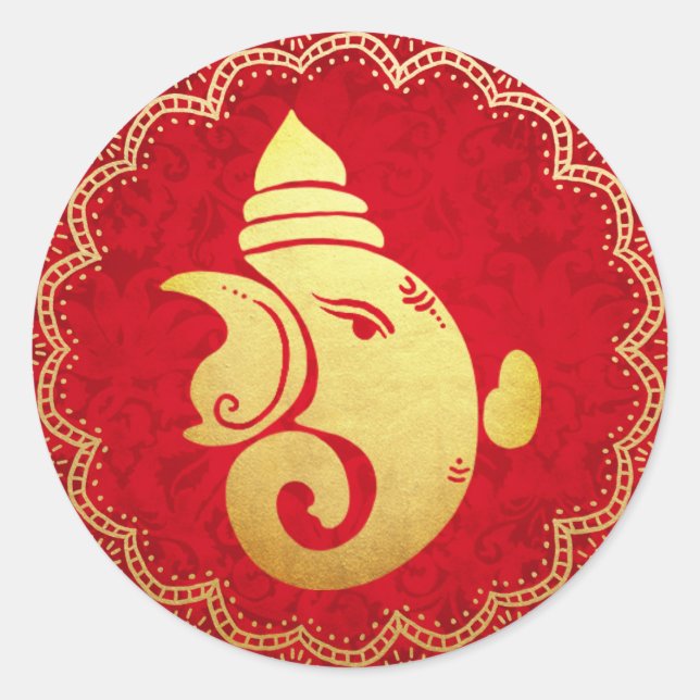 Classy Gold Ganapati Indian Hindu God Red  Classic Round Sticker (Front)
