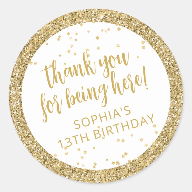 Classy Gold Glitter Confetti Birthday Thank You Classic Round Sticker (Front)