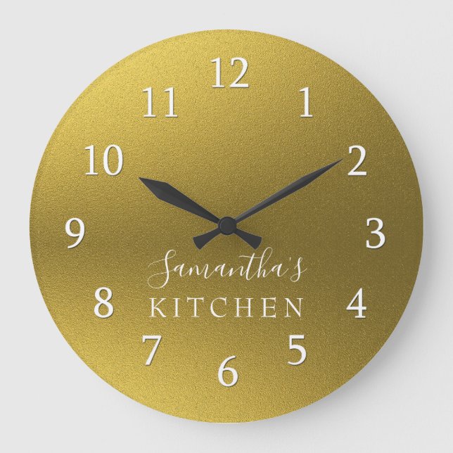 Classy Gold Glitter Personalized Name Kitchen Large Clock (Front)