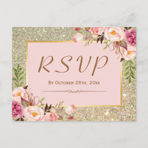 Classy Gold Glitter Pink Floral RSVP Response Invitation Postcard