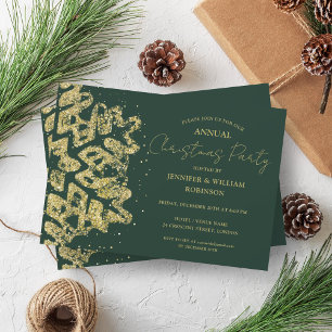 Classy Gold Glitter Xmas Snowflake Holiday Green  Invitation