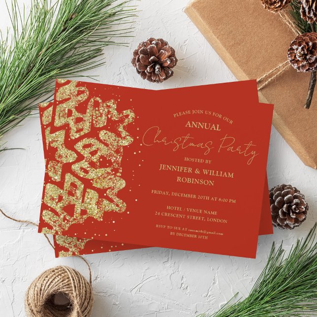 Classy Gold Glitter Xmas Snowflake Holiday Red Invitation (Classy Gold Glitter Xmas Snowflake Holiday Red Invitation)