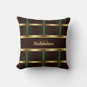  Classy Gold, Green And Burgundy Chequered Pattern Throw Pillow