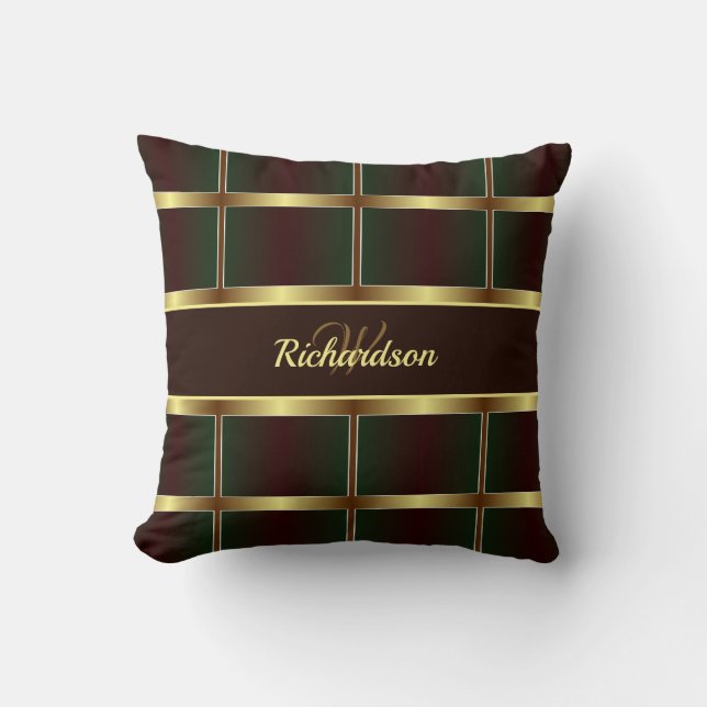  Classy Gold, Green And Burgundy Chequered Pattern Throw Pillow (Front)