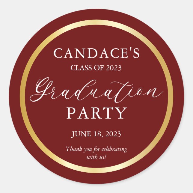 Classy Gold Minimalist Graduation Party Maroon Classic Round Sticker (Front)