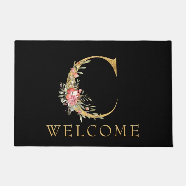 Classy Gold Monogram C with Pink Florals Doormat (Front)
