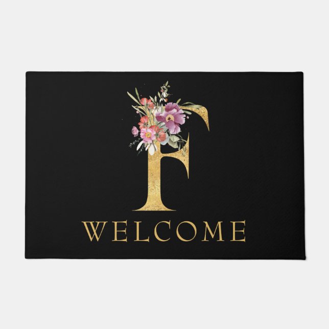 Classy Gold Monogram F with Pink Florals Doormat (Front)
