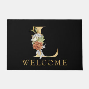 Classy Gold Monogram L with Floral Arrangement Doormat