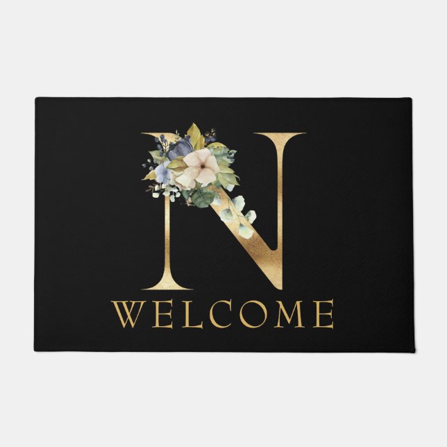 Classy Gold Monogram N with Floral Arrangement Doormat (Front)