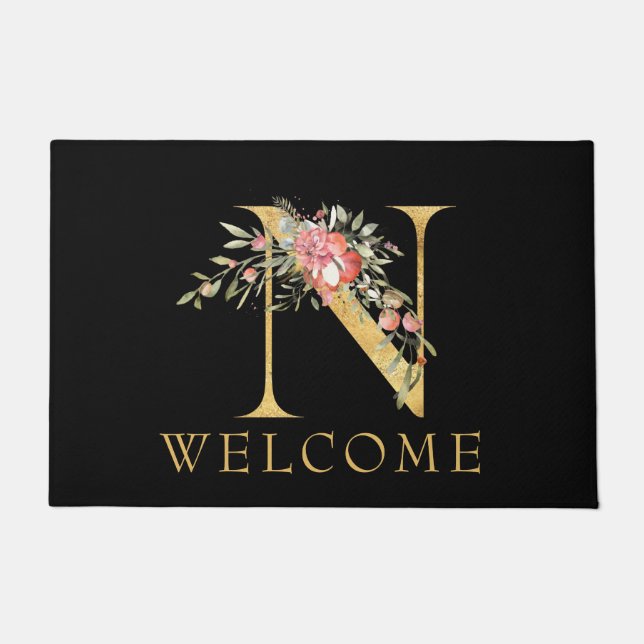 Classy Gold Monogram N with Pink Florals Doormat (Front)