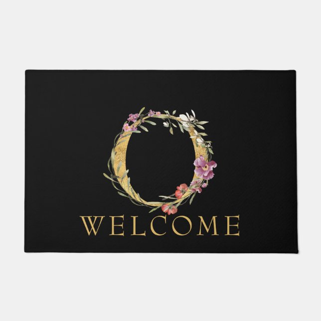 Classy Gold Monogram O with Pink Florals Doormat (Front)